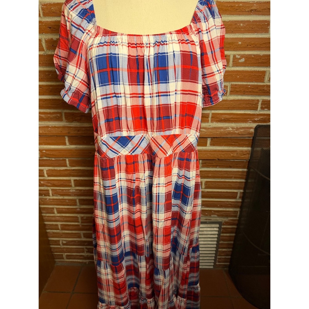 Torrid Plaid Tiered Maxi Dress Americano R/W/B Puff Sleeve Square Neck Large - Picture 3 of 9